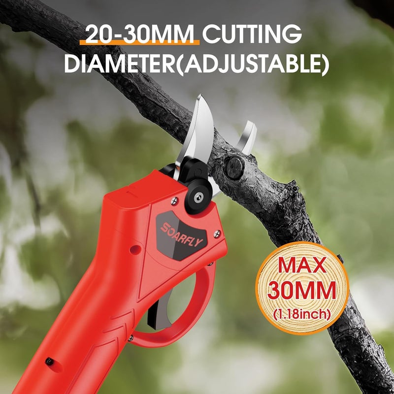 SOARFLY Electric Pruning Shears, 35mm 1.4'' Cutting Diameter Professional Cordless Electric Pruner for Tree Trimming Branch Cutter, (2Pcs 2000mAh Battery & 1 Charger Included), Red, SEPS-02 - Image 2